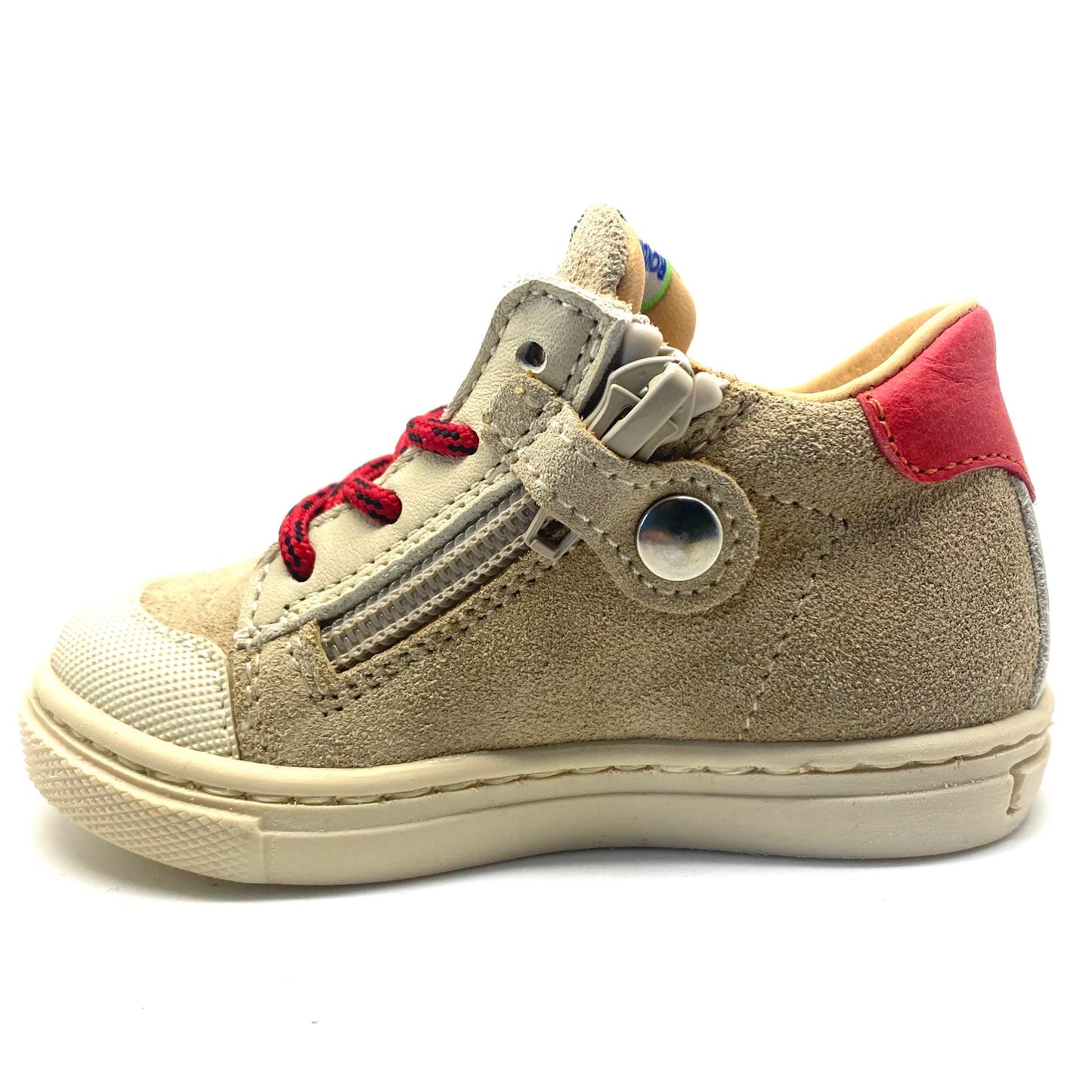 Rondinella sneakertje beige met blauw en rode accenten.
