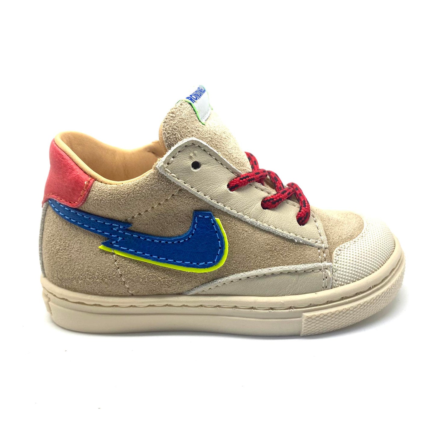 Rondinella sneakertje beige met blauw en rode accenten.