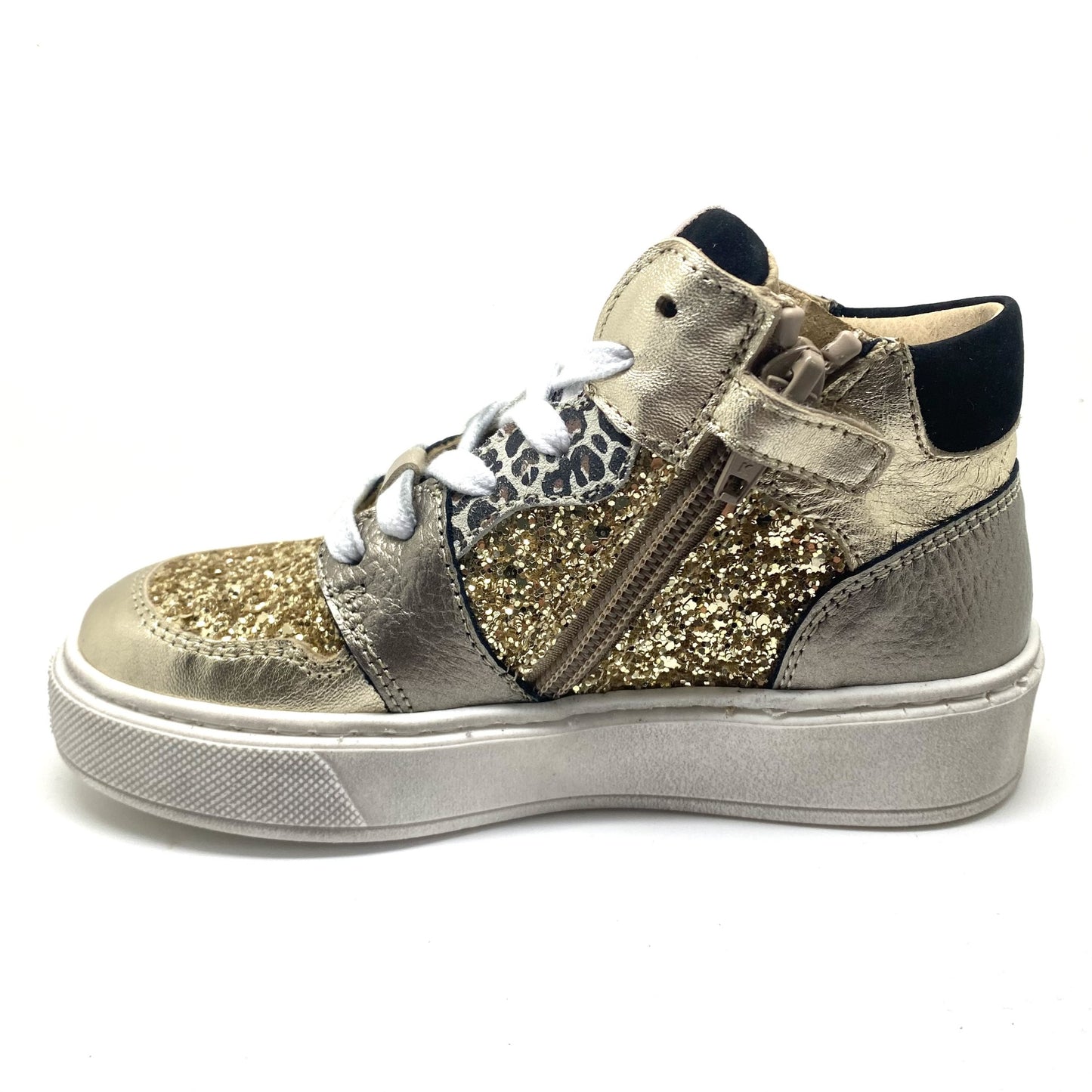 Lunella gouden glitter sneaker met leopard print.