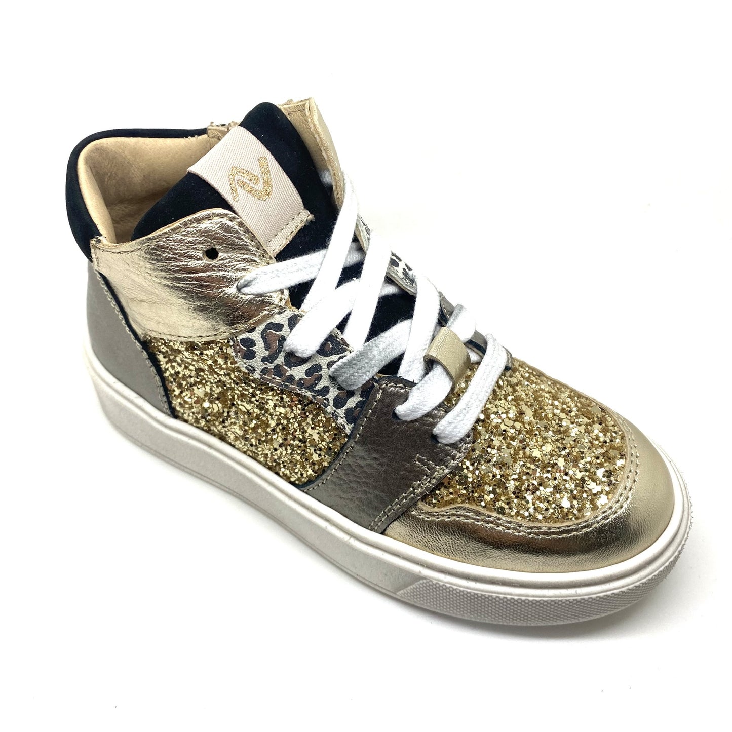 Lunella gouden glitter sneaker met leopard print.
