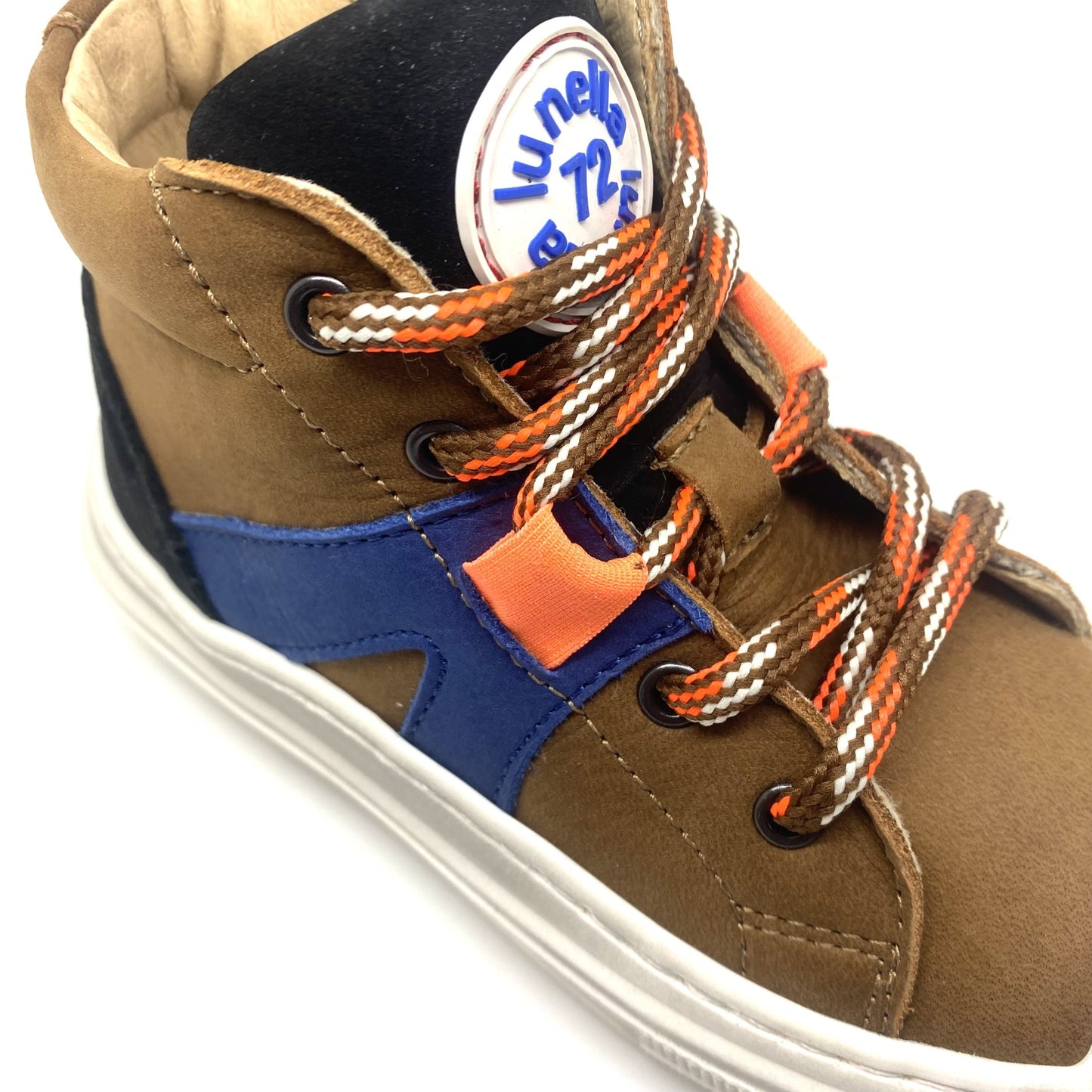 Lunella hoge sneaker cognac blauw fluo oranje en rubberen tip