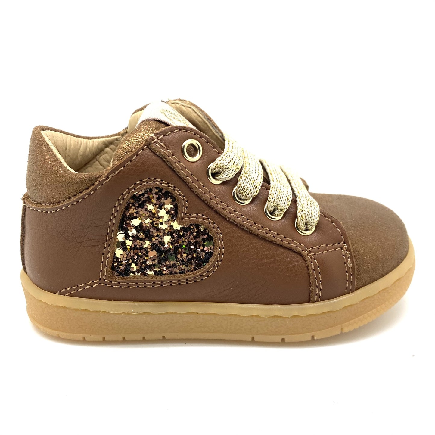 Lunella cognac schoen met glitter hart