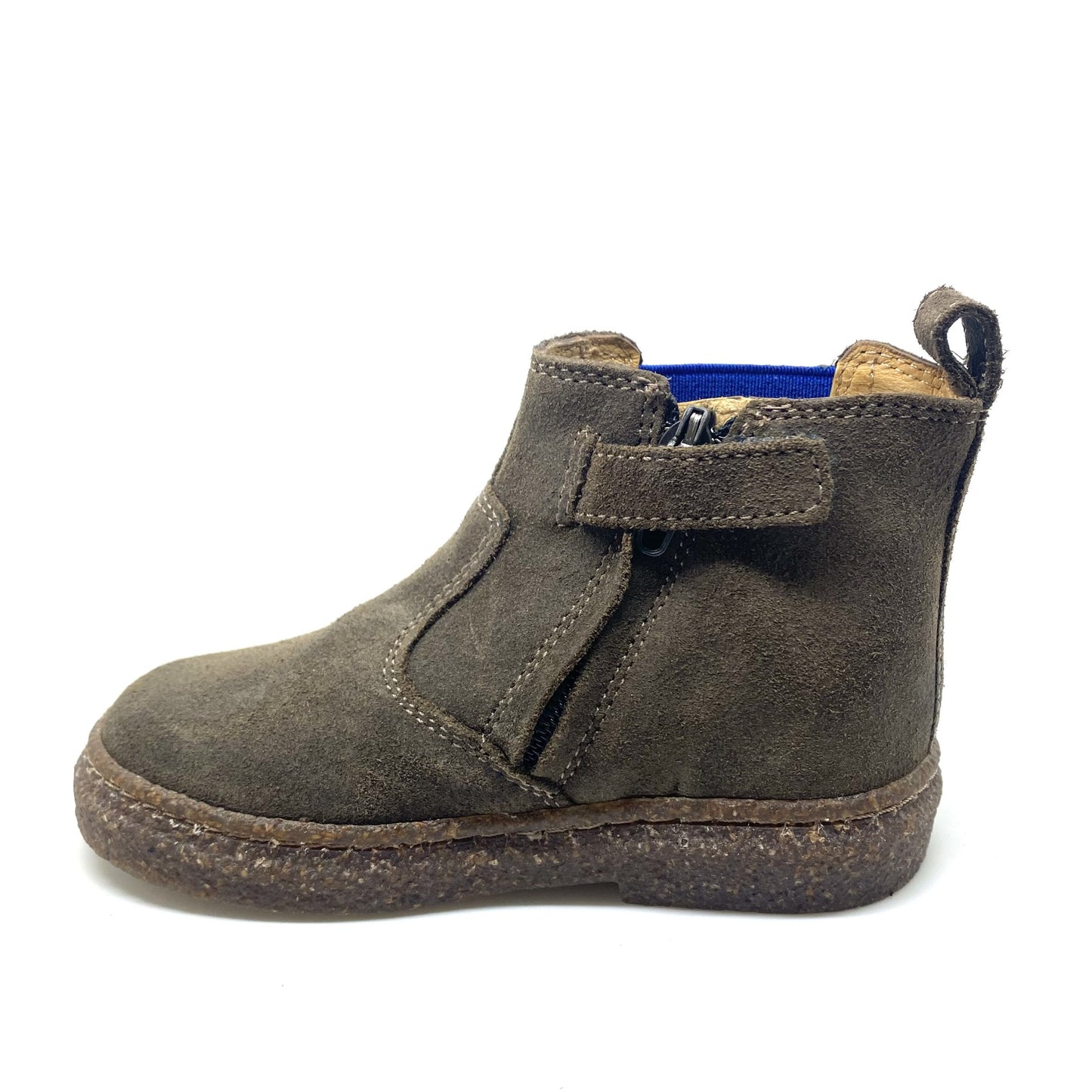 Pom D'Api enkellaars taupe met blauwe rek zijkant