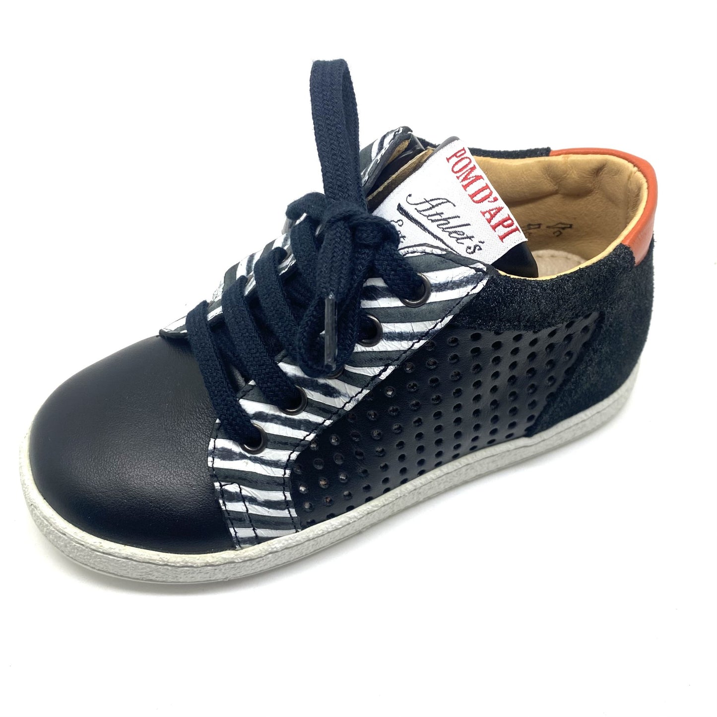 Pom D'api zwarte sneaker met witte strepen en extra oranje veters