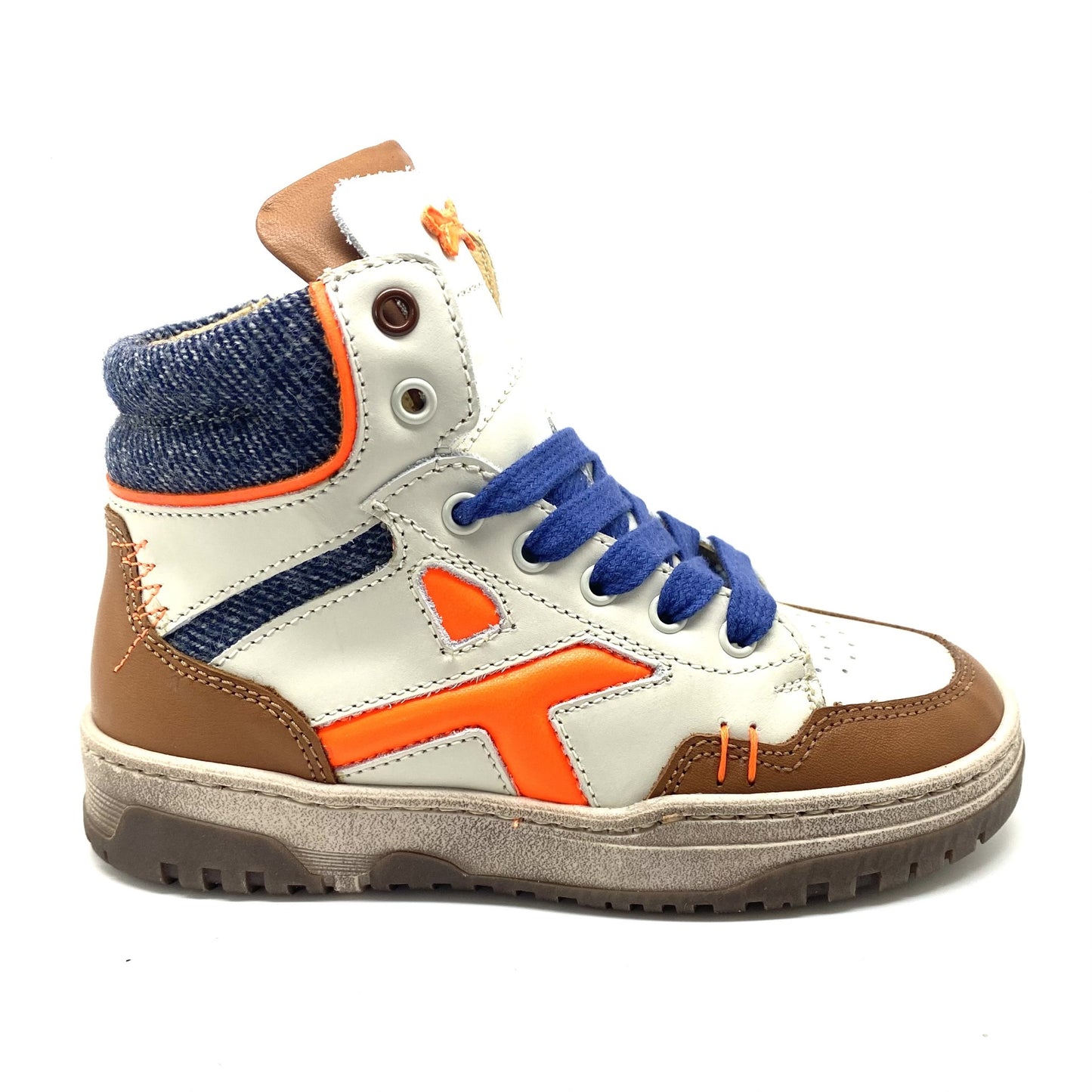 Stones and Bones hoge sneaker wit blauw cognac en fluo oranje