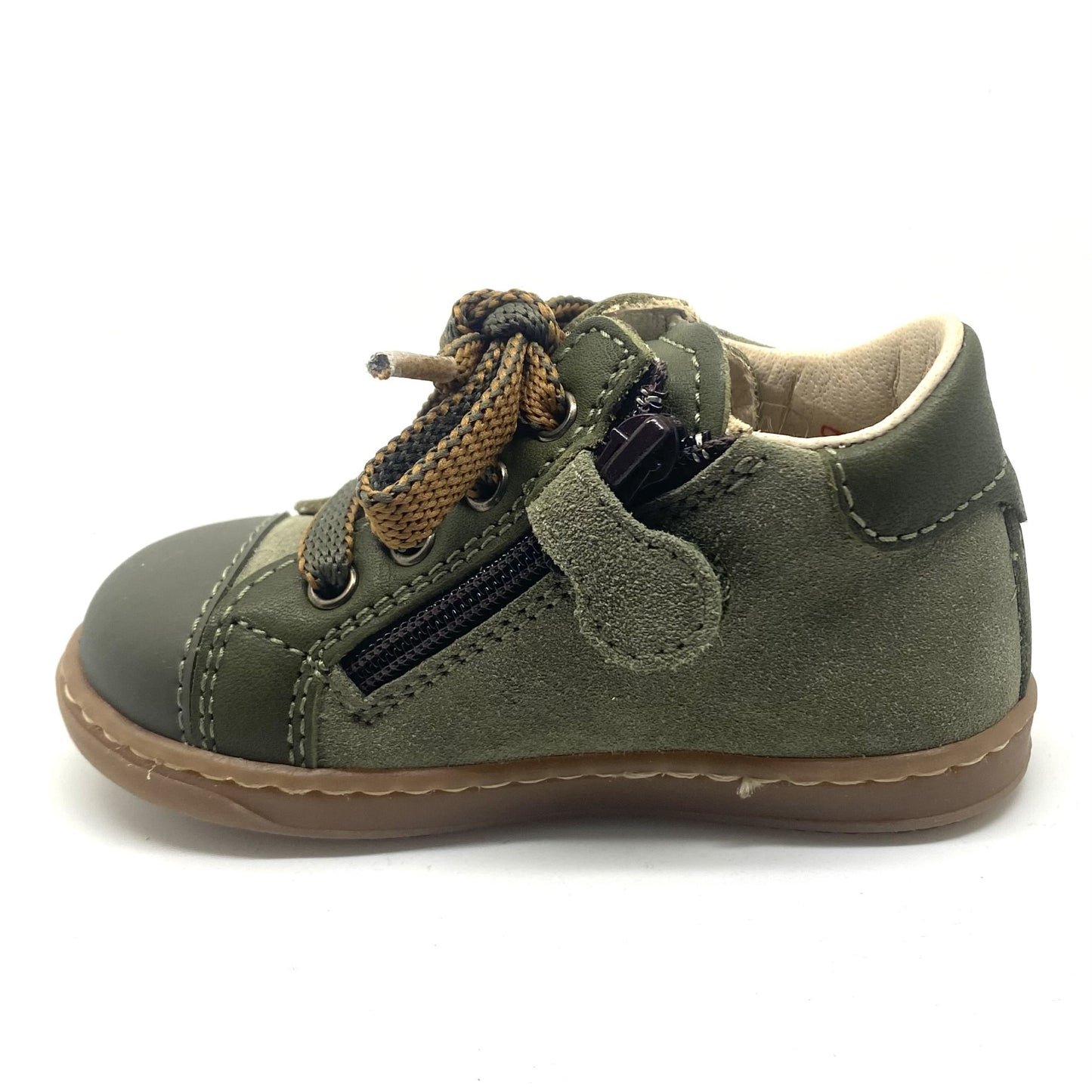 Beberlis kaki schoentje met veters, rits en rubber tipje