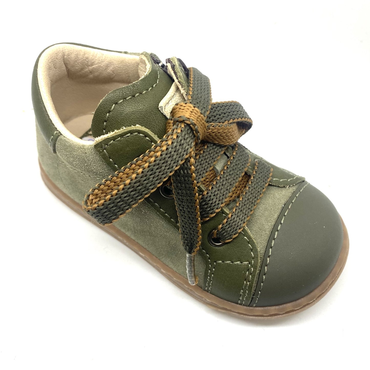 Beberlis kaki schoentje met veters, rits en rubber tipje