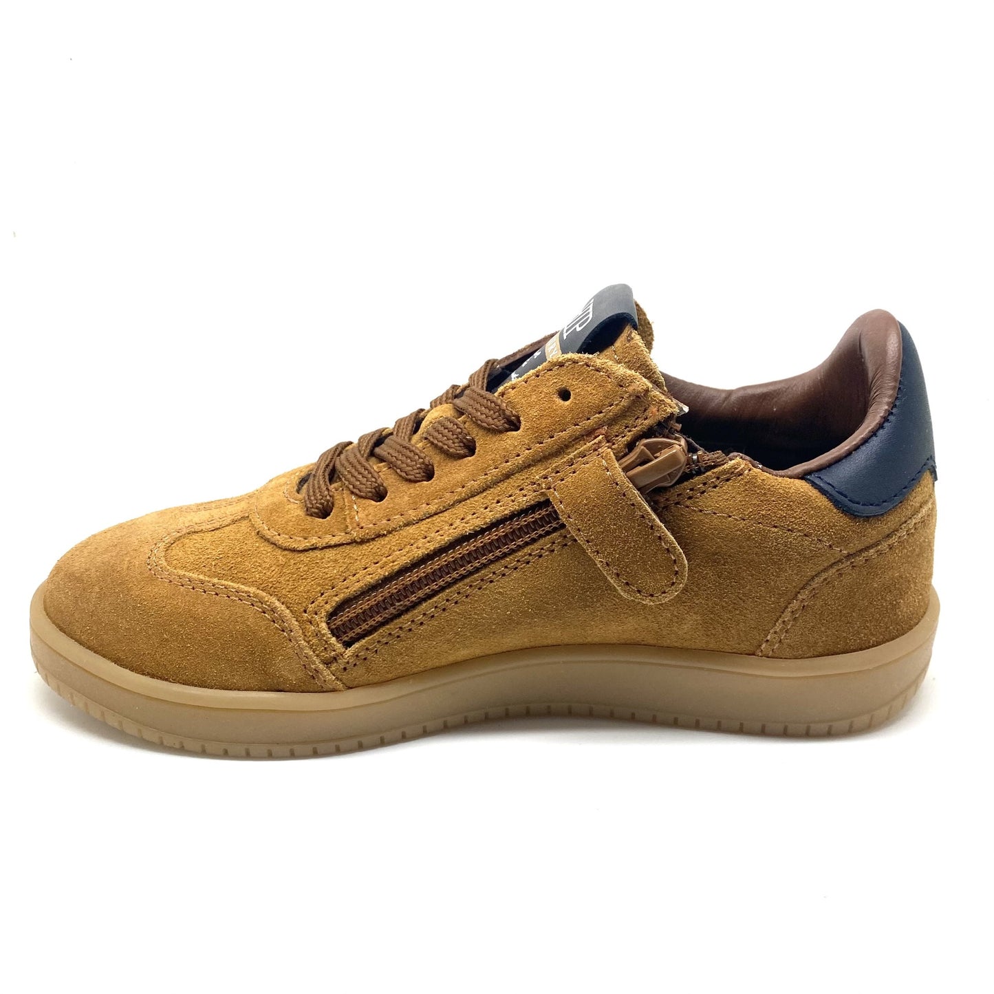 Hip lage sneaker naturel kleur met blauwe strepen