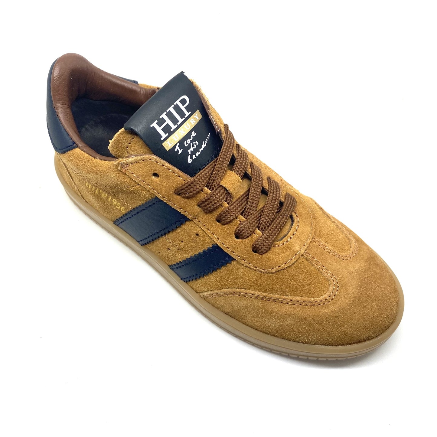 Hip lage sneaker naturel kleur met blauwe strepen