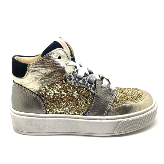 Lunella gouden glitter sneaker met leopard print.