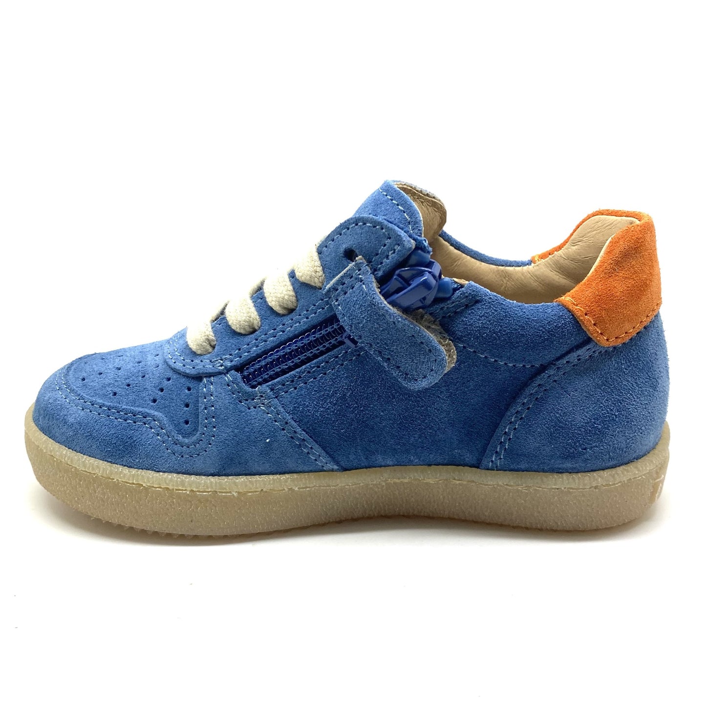 Lunella lage blauwe sneaker met oranje strepen