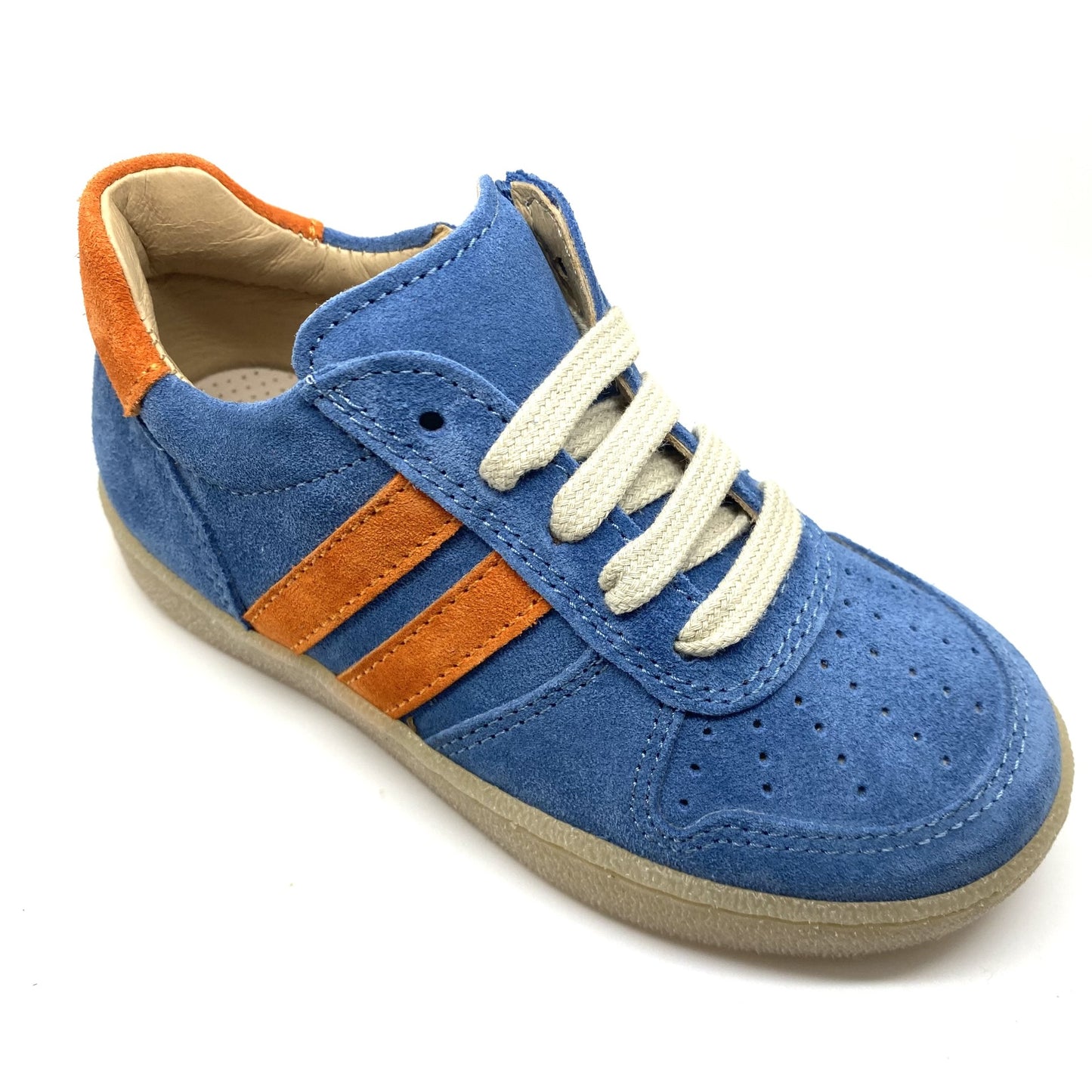 Lunella lage blauwe sneaker met oranje strepen