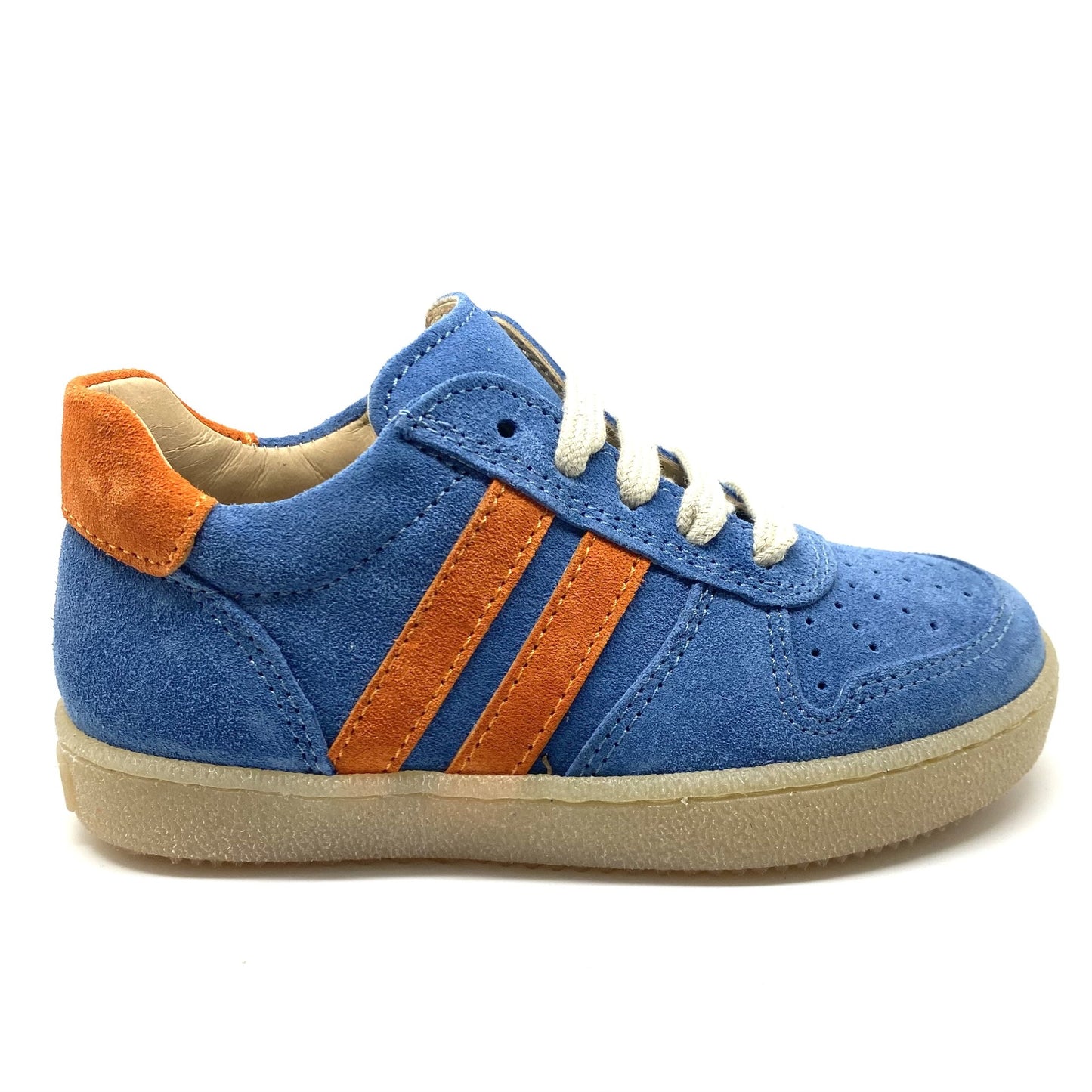 Lunella lage blauwe sneaker met oranje strepen