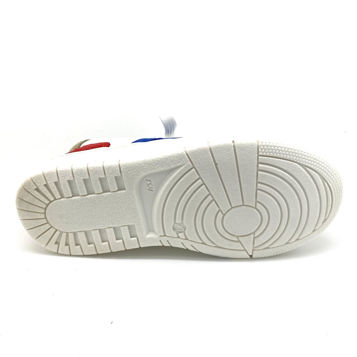Lunella lage sneaker wit met rood en blauwe accenten.